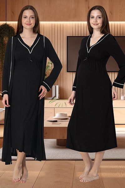 lohusahamile Piping Detailed Maternity Nightgown and Dressing Gown Set