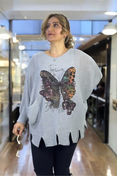 yagmurberen Butterfly Patterned Boat Neck Pocket Tassel Detail Large Size Italian Mercerized Bluz Sweater.