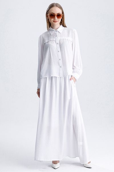 MD trend Women's Lace Detailed Pocket Bell Skirt and Crop Shirt Double Summer Linen Set