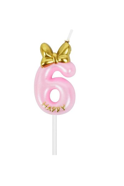 PARTY GO Party Go cake candle, number 6, wax, pink/gold, 9 cm