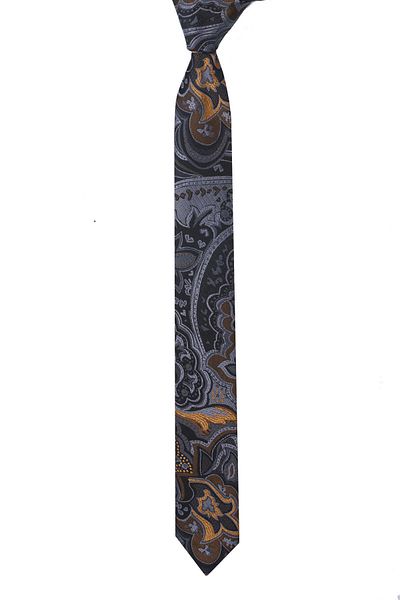 Esgue Slim Fit Gray - Gold Patterned Slim 6 Cm. Hand Made Tie