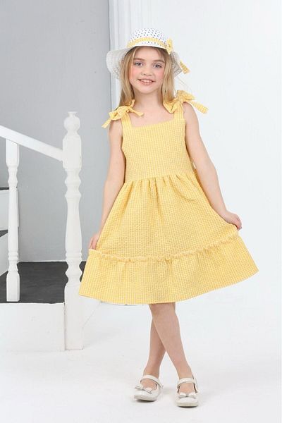 Kübra Tekstil Rochie pentru fetiță cu bretele și panglică Seersucker Gingham, rochie pentru copii