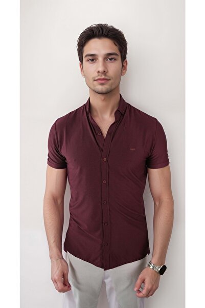 COONLESS ERKEK LİKRALI  KISA KOL GÖMLEK Bordo