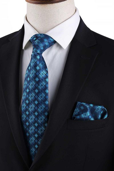 Kravatkolik Turquoise Square Pattern Classic Tie with Handkerchief Kk13171
