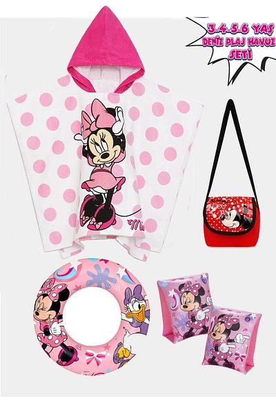 Minnie Mouse Girl's Poncho Beach Towel + Life Buoy and Swimming Arm Sleeve 4-Piece Beach Set