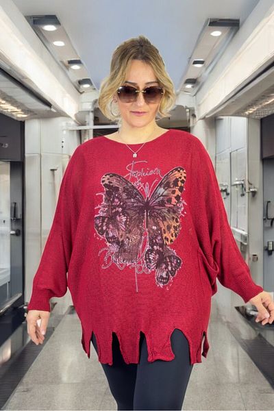 yagmurberen Butterfly Patterned Boat Neck Pocket Tassel Detail Large Size Italian Mercerized Bluz Sweater.