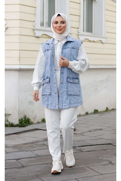 Pamuk Butik Women's Blue Denim Pocket Denim Vest