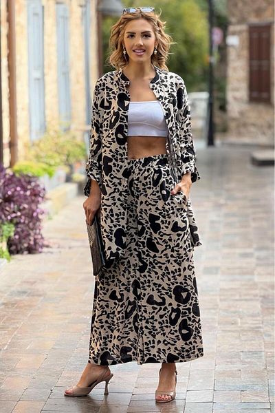 Nevin Kaya Moda Μαύρο μοτίβο δάφνης 100% βαμβακερό παντελόνι πουκάμισο Σετ δύο τεμαχίων