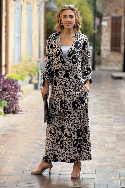 Nevin Kaya Moda Μαύρο μοτίβο δάφνης 100% βαμβακερό παντελόνι πουκάμισο Σετ δύο τεμαχίων
