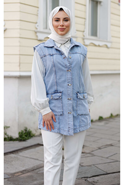 Pamuk Butik Γυναικείο τζιν γιλέκο μπλε τζιν με τσέπες