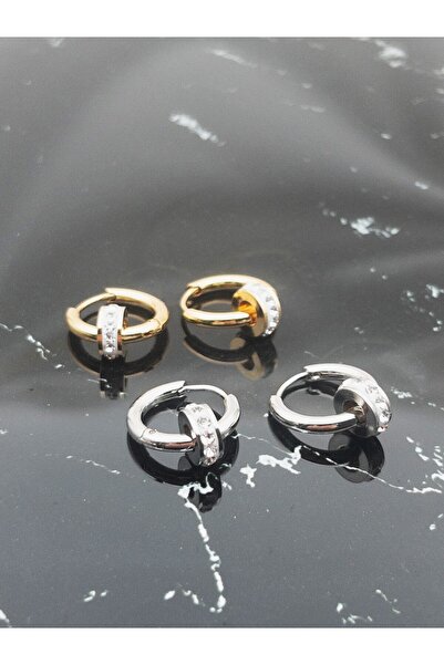 Siya Silver Tarnish Stainless Steel Gold Color Moving Zircon Stone Unisex Hoop Earrings - 1.3 cm