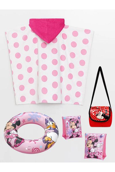 Minnie Mouse Girl's Poncho Beach Towel + Life Buoy and Swimming Arm Sleeve 4-Piece Beach Set