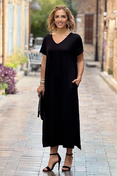 Nevin Kaya Moda Rochie neagră din bumbac pieptănat din viscoză, cu decolteu în V, cu detaliu inel pe spate