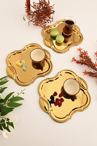 AKSESUAR EVRENİ Vezan Paslanmaz Kare Burgu Desen Sunum Tepsisi Gold 3 Lü Takım