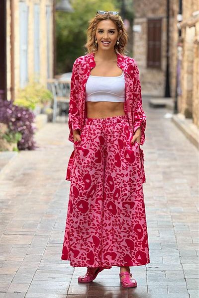 Nevin Kaya Moda Σετ πουκάμισο παντελόνι 100% βαμβακερό με ροζ μοτίβο δάφνης