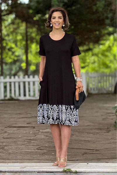 Nevin Kaya Moda Rochie de vară din bumbac pieptănat cu fuste alb-negru cu volane