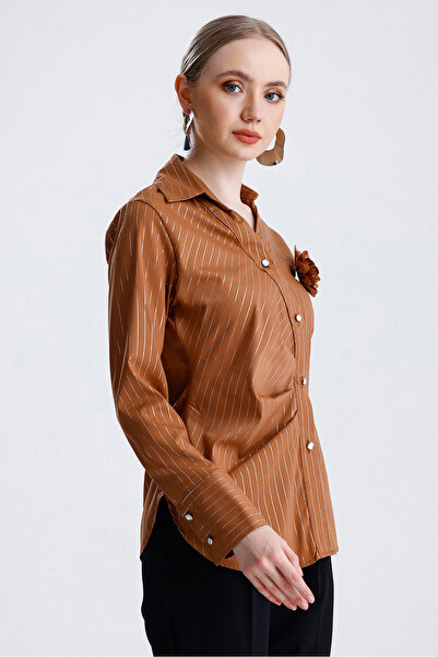 MD trend Women's Double Breasted Collar Rose Detailed Striped Poplin Shirt