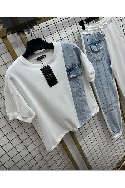 Zen White Stone Denim Detail Tracksuit Set-42
