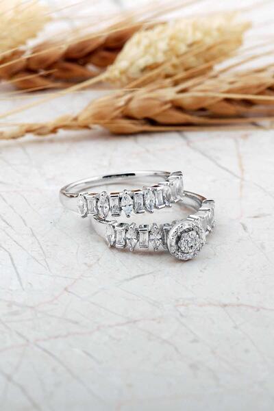 Sümer Telkari Rodyumlu Gümüş Tektaş Ve Alyans Yüzük Kombini 5979