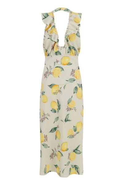Eda Erdoğan Midi Elbise Sırt Açık Boyundan Fırfır Detaylı (ekru Üzeri Limon Desenli)