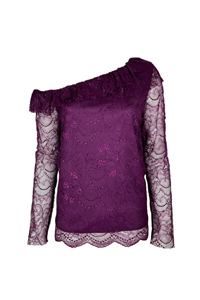 ADK Mağazacılık Tek Omzu Açık Mürdüm Dantel Bluz