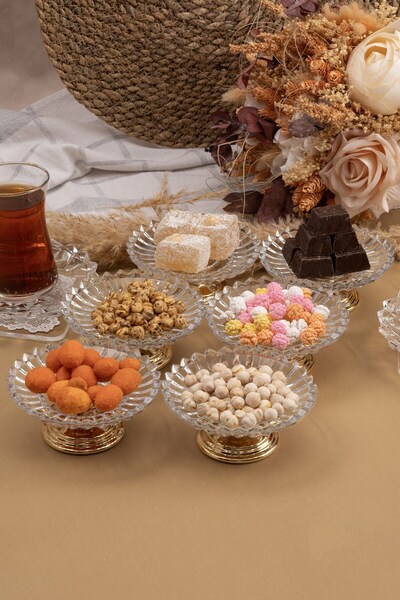 Fiyakalı Ürünler Atölyesi 6'lı Mini Gold Metal Ayaklı Camlı Lokumluk, Kahve Y...