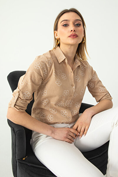 Nuevo Taş Sarmaşık Kol Katlamalı Keten Gömlek