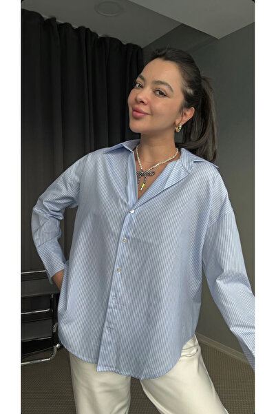MODAGK Cotton Striped Oversize Trend Shirt -Light Blue