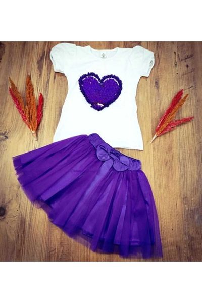 Nisu Tasarım Girl's Double Suit Tulle Skirt Heart Badi 23 April and 29 October Event Combination