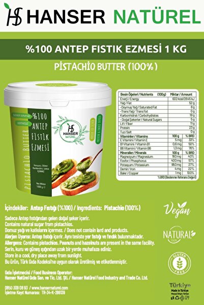 Hanser Natürel %100 Antep Fıstığı Ezmesi 1 Kg Şeker Ilavesiz, Katkısız, Taze Çekim