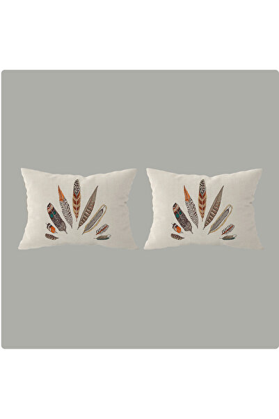Sakallı Luck Feather Patterned Beige Floor Decorative Gift Velvet Set of 6 Pillow and Throw Pillow Cases