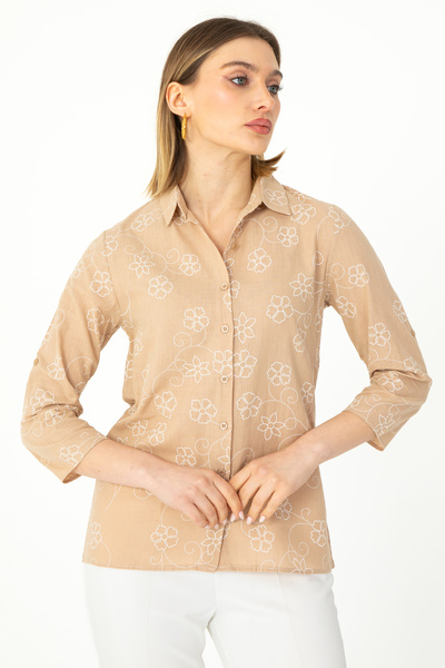 Nuevo Taş Sarmaşık Kol Katlamalı Keten Gömlek