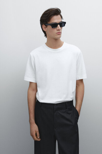 Massimo Dutti Kısa kollu keten ve pamuk karışımlı t-shirt