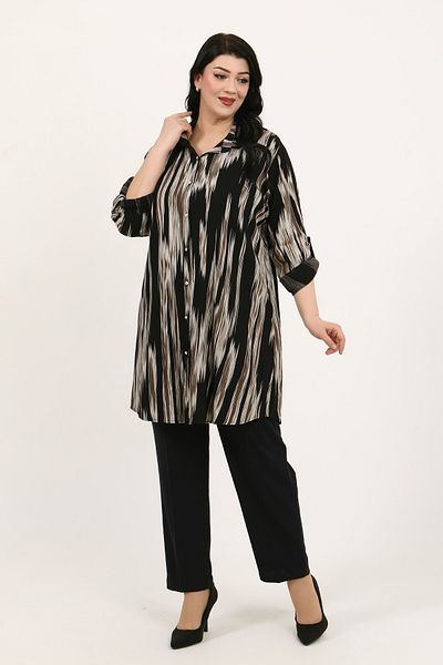 By Alba Collection Women's Black Patterned Cotton Viscose Large Size Tunic