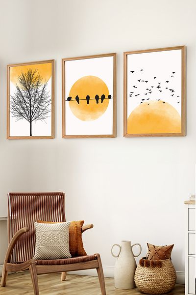Muyika Design Set de 3 picturi decorative pentru decorarea casei în stil boem nordic modern cu cadru din lemn premium-SET7