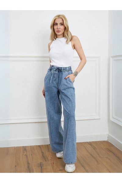 Rhythm Clothing Women's High Waist Denim Pants with Elastic Waist, Wide Leg, Wide Cut
