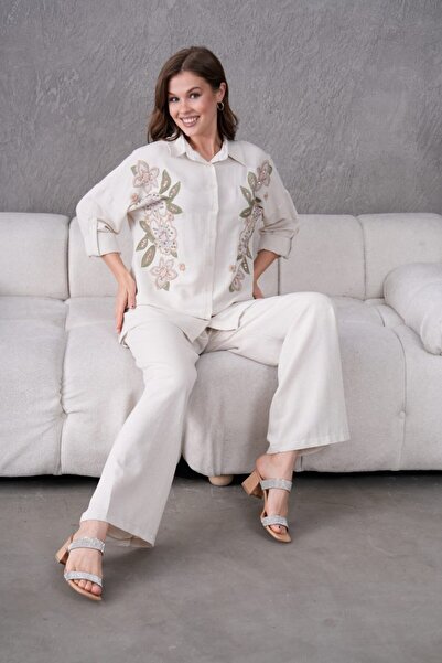 MVStore Women's Floral Print Embroidery Embroidered Linen Oversize Shirt and Pants