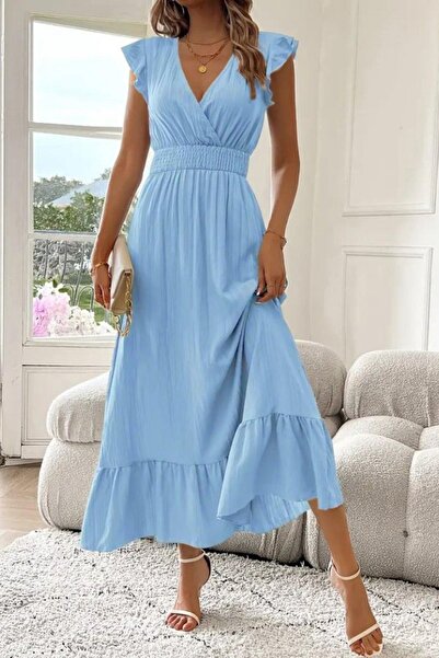 Mossta Guler albastru la două piept - ROCHIE elastică în talie