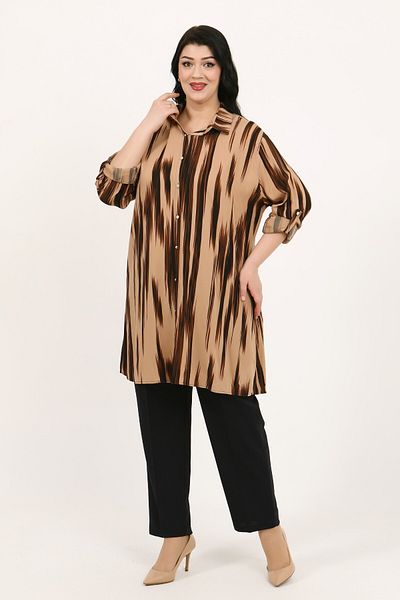 By Alba Collection Women's Tan Patterned Cotton Viscose Large Size Tunic