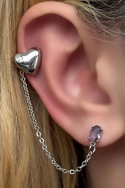 CAŞ DEKORASYON Silver Color Heart Figured Stone 2-Piece Earring Set