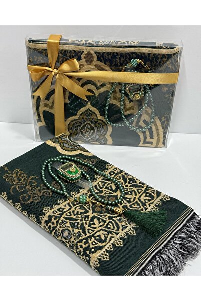 Azra 10'lu Paket Hac, Umre Hediyelik Seti, Lüks İpek Tafta Seccade, Cam İnci Tesbih ve Taşlı Zikirmatik