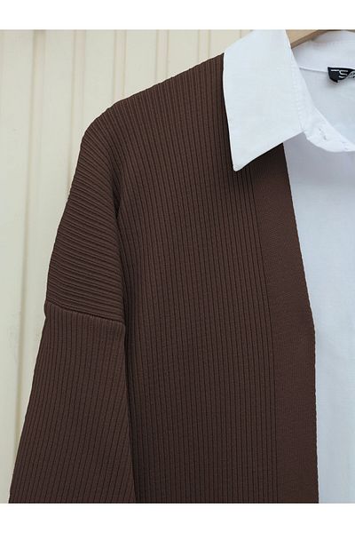 Modamorfo Ribbed Long Knitwear Cardigan with Side Slits - Brown