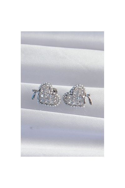 Skygo Silver Colored Brass Zircon Cubic Zirconia Bow Detail Heart Earrings - Tj-bkp9298