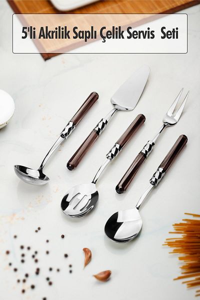 AC BOX 5 Piece Platinum Serving Set & Serving Presentation Set Smoked (Ladle / Colander / Spatula / Fork / Spoon)