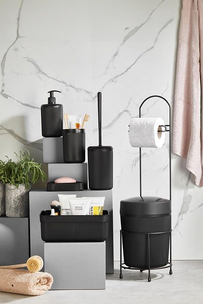 AC BOX 7 Piece Black Bathroom Set with Metal Stand Bucket WC Paper Holder Cosmetic Box with Toothbrush Holder and Soap Dish