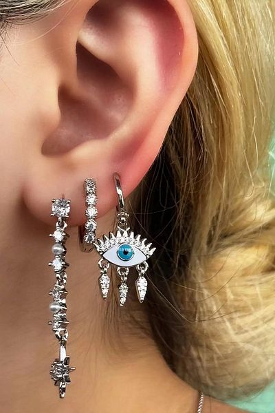 CAŞ DEKORASYON Silver Color Eye Figured Stone 3-Piece Earring Set