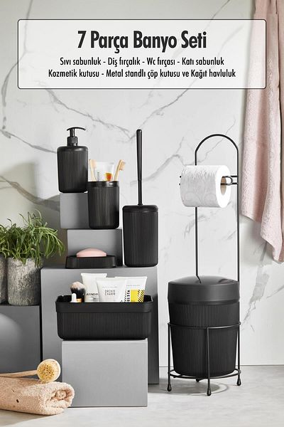 AC BOX 7 Piece Black Bathroom Set with Metal Stand Bucket WC Paper Holder Cosmetic Box with Toothbrush Holder and Soap Dish