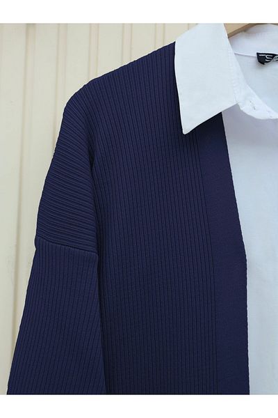 Modamorfo Ribbed Long Knitwear Cardigan with Side Slits - Navy