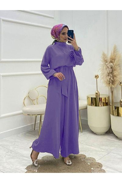 Modamorfo Lilac Stand Collar Belted Rose Jumpsuit