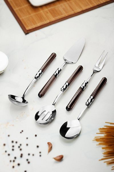 AC BOX 5 Piece Platinum Serving Set & Serving Presentation Set Smoked (Ladle / Colander / Spatula / Fork / Spoon)